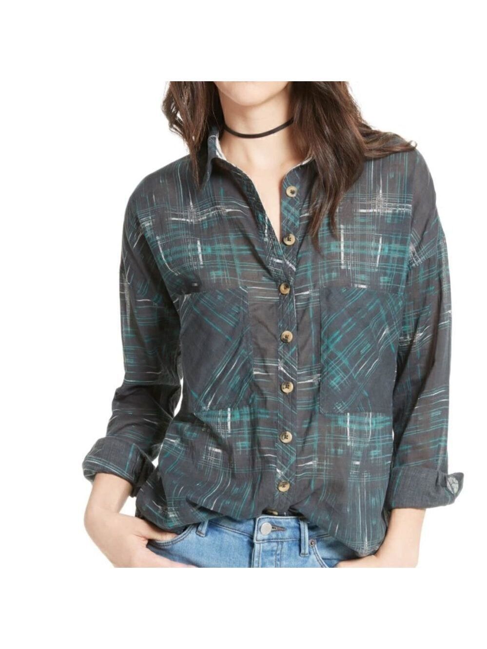 Free People printed long sleeve button down shirt